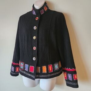 Women's Small ICELANDIC DESIGN Black Wool Embroidered Lined Jacket